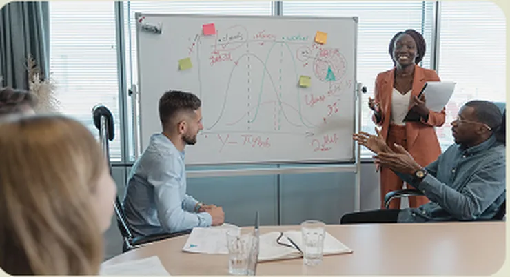 A team working through brand strategy at a whiteboard